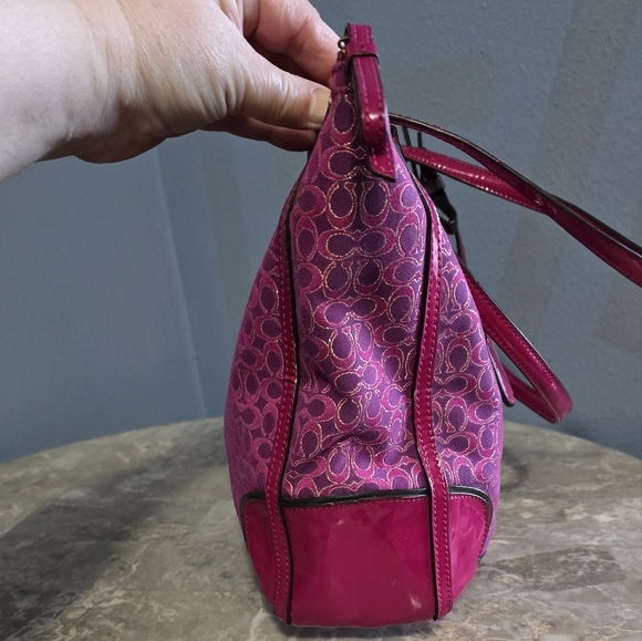 Coach Poppy Signature Metallic Outline Pink Purple Tote & Dust Bag - Picture 4 of 15